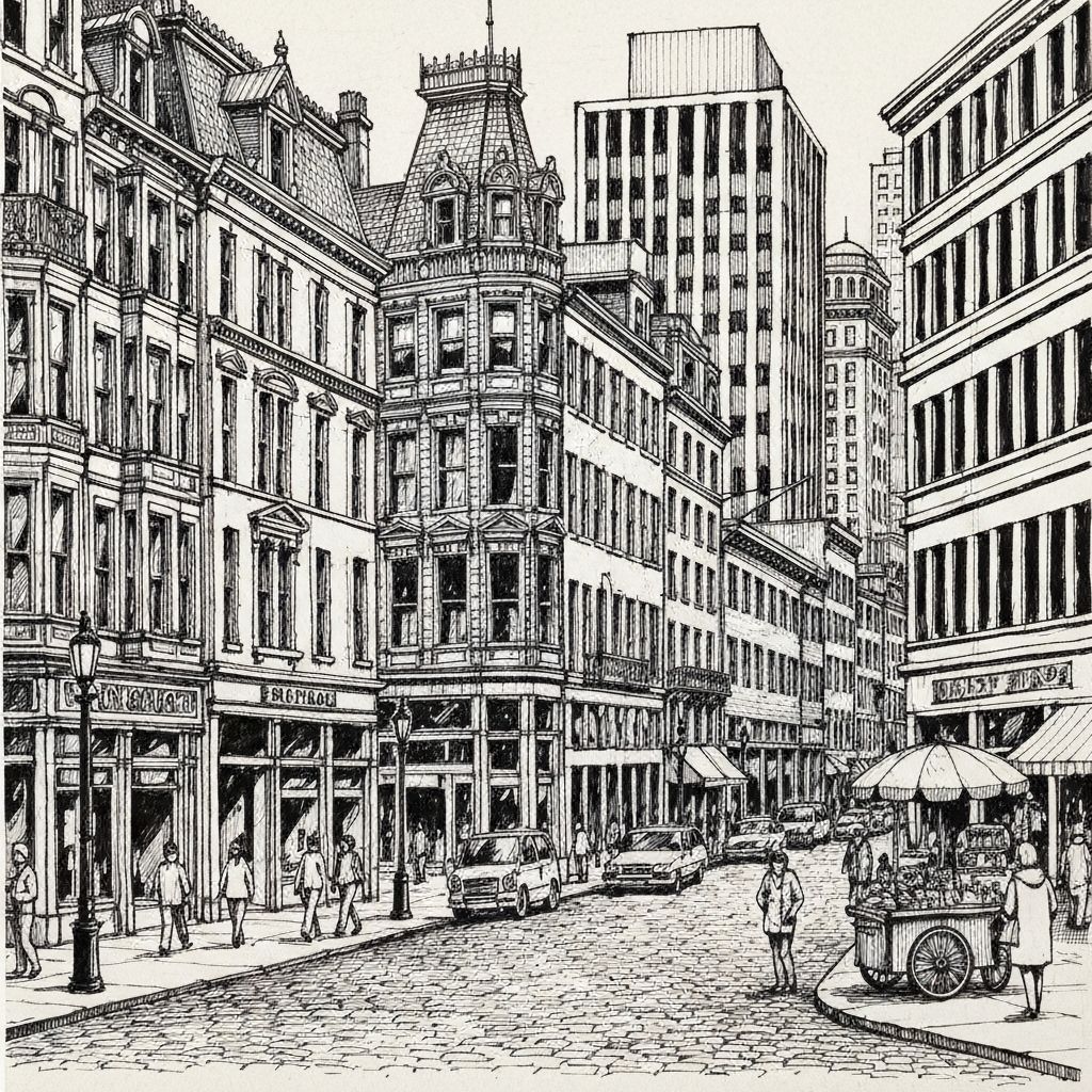Ink drawing of city buildings and busy streets