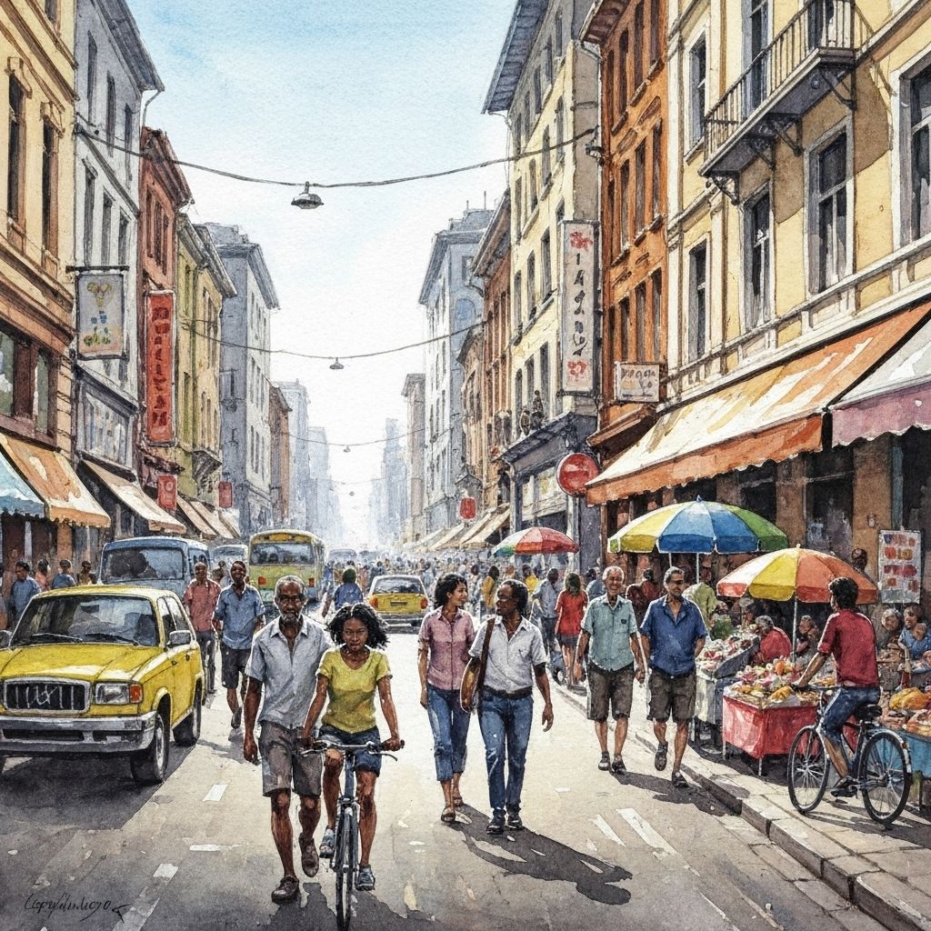 Watercolor painting of a busy street scene